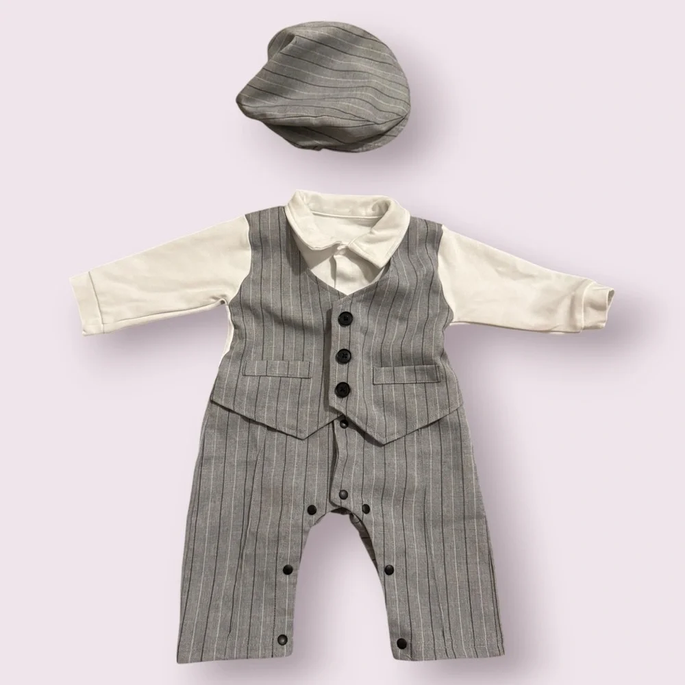 Baby Boy Pinstripe Romper Set Newsboy Hat Formal Outfit 3-6M - Picture 1 of 6